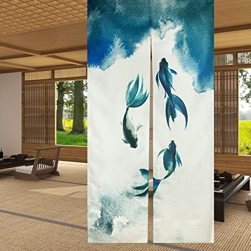 LIGICKY Chinesischer Tusche-Stil, langer japanischer Noren-Vorhang, Leinen, Koi-Fisch, bedruckt, asiatische Fensterbehandlung, hängende Tür, Heimdekoration, 85.1 cm Breite x 180.1 cm Länge