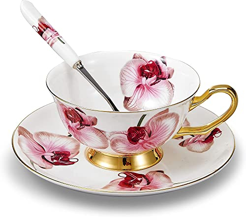 Jiotouhu Série Fleur Phalaenopsis, Ensemble Tasse Soucoupe Porcelaine Anglaise à la Cendre d'os, Bone Chine Service à Thé Café,avec Cuillère- 1 Set 200ml