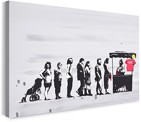 Printistico Leinwandbild Banksy Warten in der Schlange - Pop-Art Modern Street-Art Marketing - Kunstdruck Klein bis Groß XXL