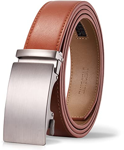 TANGCHAO Gürtel Herren,Ledergürtel Ratsche Automatikschließe für Herren Business Anzug Jeans, 35mm Gürtel,Größe Einstellbar, Braun 24, Länge 135cm (39-45 taille verstellbar)