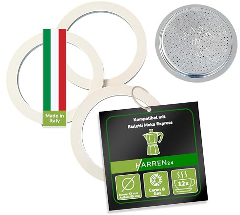 Harren24 Filter und 3x Dichtung für Espressokocher, kompatibel mit Bialetti Espressokanne für 12 Tassen, Ø außen 89 mm, 8,9 cm, Ø innen 82 mm, 8,2 cm, Ersatzdichtung, Dichtungsring