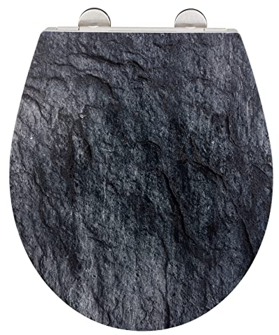 WENKO WC-Sitz Slate Rock, robuster Toilettensitz aus antibakteriellem Duroplast mit Absenkautomatik und rostfreier Fix-Clip Edelstahl Hygiene Befestigung, WC-Deckel mit Relief-Oberfläche, 38 x 44,5 cm