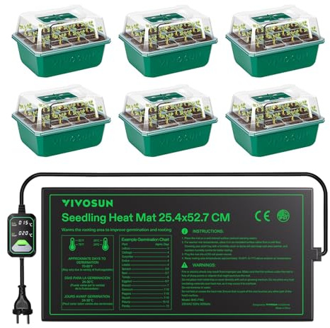 VIVOSUN Kit 6 bandejas germinación 25,4x52,7 cm con Calefactor para plántulas 72 Celdas Cubiertas de Humedad Reutilizables semillero Cultivo Interior hidroponía Plantas Semillas