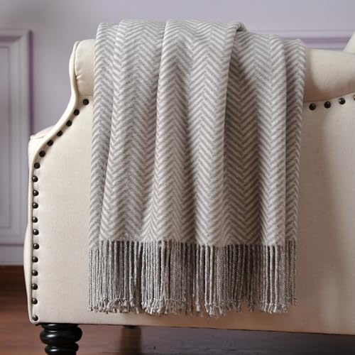 CUDDLE DREAMS Silk Throw Blanket with Hand-Knotted Fringe, Natural, Soft & Breathable (Herringbone Gray)