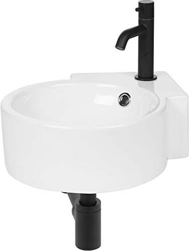 Saqu Rondo EckWaschtisch Set mit matt-schwarzem Wasserhahn, Glänzend weißer Keramik - Waschbecken für Unterschrank, Waschtisch für Gäste WC