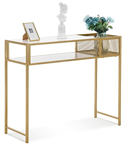M MCombo Konsolentisch Schmal Marmor Gold, Modern Beistelltisch mit 2 Ablage & Metallgestell, Eingangstisch für Flur Wohnzimmer Schlafzimmer, 110×40×90cm, 2276