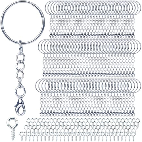 Lot de 180 porte-clés avec chaîne et fermoir mousqueton (90 porte-clés + 90 broches à visser) - 25 mm - Pour clés DIY - Fabrication de bijoux