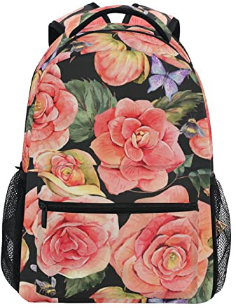 SJOAOAA Begonia Flower Rose Flroal Bee Butterfly Zaino Borsetta con tasche multiple Nome Card Personalizzato Viaggio Laptop School Book Bag, Taglia S/40,6 cm, Come nella foto, Taglia unica