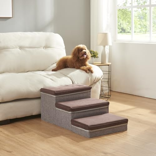 [en.casa] Hundetreppe Vojens mit Stauraum 75x40x30 cm Braun/Grau | Hunderampe, Katzentreppe, Haustiertreppe, für kleine Hunde, 3 Stufen, faltbar, bis 30 kg, für Bett und Sofa
