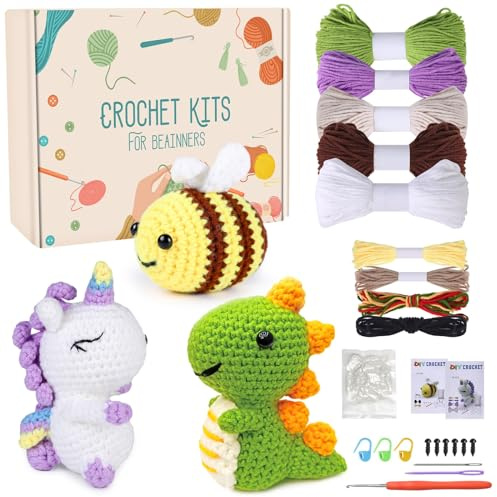 Jodimitty Häkelset Tiere Häkeln für Anfänger Erwachsene 3 Stück (Biene & Dinosaurier & Einhorn) All-in-One Häckeltierchen Set Crochet Set mit Anleitung, Häkelzubehör DIY Bastelgeschenke