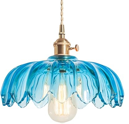 NICRX 25 cm industrielle Vintage-Pendelleuchte, Glas-Lotus-Lampenschirm, Pendelleuchte, Kronleuchter, E27, Messing-Finish, Decken-Hängelampe (Blau)