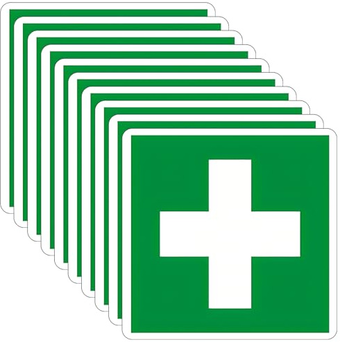 SRTSTR 10pcs Erste Hilfe Schild Selbstklebend PVC Grünes 10x10cm Aufkleber Erste Hilfe für Verbandkasten ISO 7010 Piktogramm Kreuz Rettungszeichen Hinweisschild,Wasserdicht und Verschleißfest,Cassetta