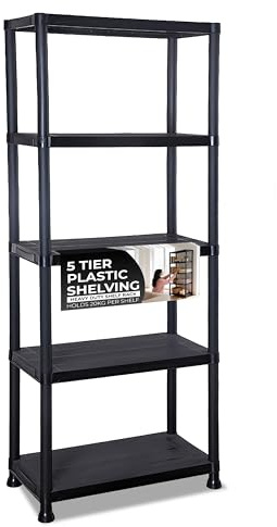 Crystals 5 Tier Plastic Shelving Unit | Garage Shelving Units | Heavy Duty Racking Shelving & Storage | Multipurpose Plastic Storage Shelves for Garage, Warehouse, Workshop, Sheds and Office - Black