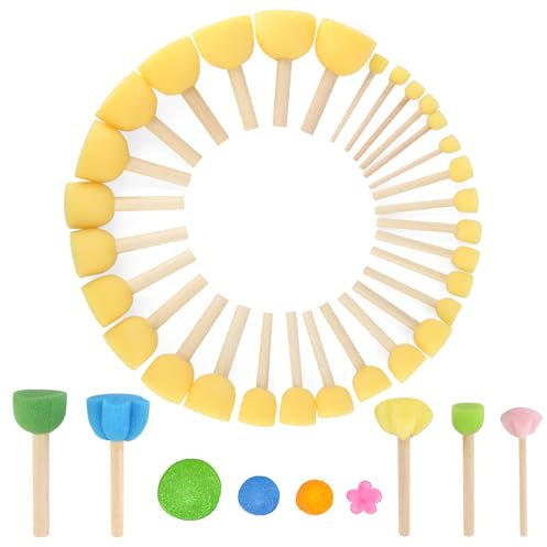 30 Stück Schwammpinsel Kinder Set (mit 5 Stück Blume Pilz Sticks), Holzgriff Runde Malschwamm, Pilz Geformt Schwamm Pinsel Malerei für Kinder DIY Malerei, Graffiti, Keramik Crafts