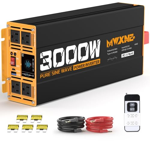 MWXNE 3000W Pure Sine Wave Inverter 24V DC to 110V 120V AC Converter for RV Truck Home Off-Grid Solar Power Inverter with Type-C PD30W/USB Port QC3.0 Quick Charging, 4 AC Outlets, Remote Control