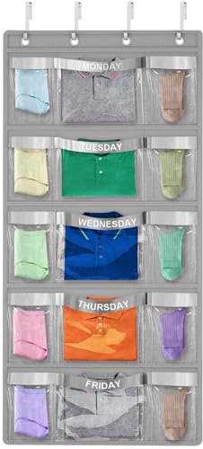 VERONLY Wochenplaner Hängeorganizer für Kinder | Tür Organizer Wochenlicher Kleiderspender mit Montag-Freitag Etiketten | Hängeaufbewahrung für Unterwäsche, Socken & Kleidung | Grau (145x59,5cm)