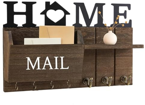 Portachiavi da parete, organizer per chiavi da parete, organizer per posta e chiavi da parete, mensola decorativa in legno con ganci, organizer per chiavi da parete