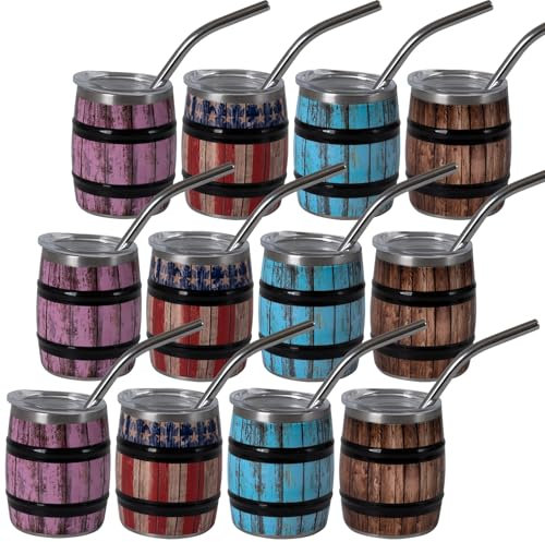 Lilsofee 12 Pcs 3 oz Mini Tumbler Metal Shot Glass Set with Straw and Lids Stainless Steel Double Wall Insulated Barrel Shape Cups Gifts for Men or Whiskey Lover