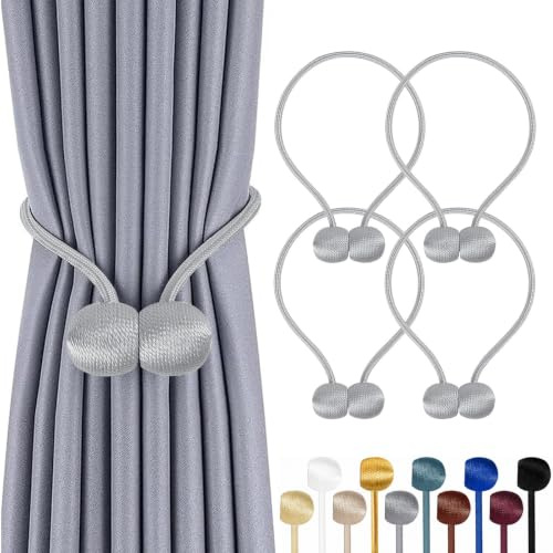 TopHomer 4 stycken magnetiska gardin omslag, 10 färger | för vardagsrum/sovrum, badrum och matsal, passar gardin och duschdraperier (silver)