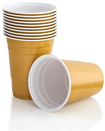 Persy Party Reusable Beer Pong Cups for Party (25 Pack) - Colourful Easy Grip 16oz Plastic Cups - BPA-Free & Shatterproof Plastic Drinking Cups for Beer, Cocktail, Soda & Cold Drinks - Gold