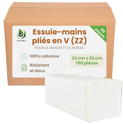ECO - PRO PAP - Handtücher ZZ V-Falz 23cm x 23cm, Papiertücher aus 100% FSC Zellstoff, Falthandtücher ideal für Zuhause und Büro, Langlebig und Zart - 1 Karton mit 20 Formaten à 150 Stück