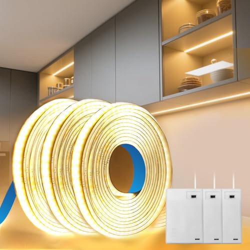 BRIMETI Luces LED Pilas Tira LED COB 3x1M Blanco Cálido 3000K 5V 320LEDs/M Autoadhesiva Flexible Cortable Iluminación Luces Interior para TV Dormitorio Cocina Armario Sala Escaleras Estantes