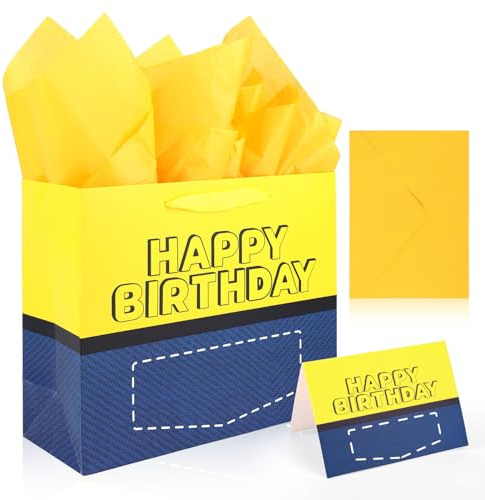 SAVITA Gelbe Goodie Bags, Cartoon Party Geschenktüten mit Griffen Papier Süßigkeiten Tüten mit Karte und Umschlag Happy Birthday Partydekoration für Geschenke Leckereien Süßigkeiten Snacks