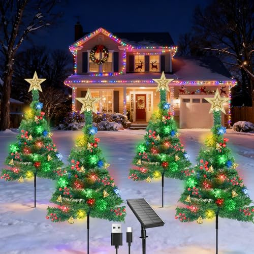 Qoosea Sapin de Noël Lampe Solaire Extérieure 4 en 1, Arbre Avec 80LED Guirlande Lumineuse Flocon de Neige Chargement USB, 8 Modes Lumière LED Étanche Décoration Pour Jardin, Chemin, Cour