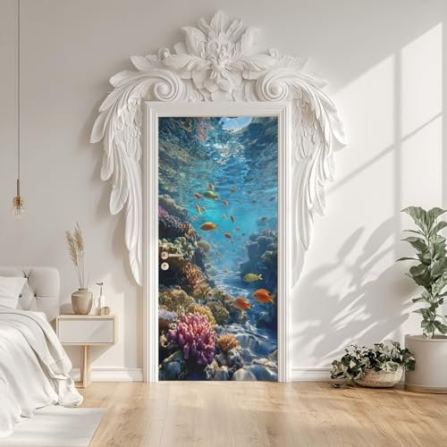 Türaufkleber Unterwasser Tiere Korallen Fische, 3D Marine Sea Creatures Türtapete Selbstklebend PVC Abnehmbare für Schlafzimmer Tür Dekoration TürPoster 80x200 cm
