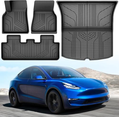 YITAHOME Tesla Model Y Fußmatten für 2024 2023 2022 2021 2020 Allwetter TPE 4-teilig Fußmatten Tesla Model Y Juniper Gummimatte und Kofferraummatte Set Autofußmatten Zubehör