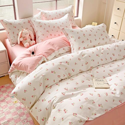 Nyescasa Duvet Cover Double White Pink Floral Flowers Botanical Meadow Reversible Bedding Set Pink Flower Print Microfibre Comforter Cover 200x200 cm with Zipper Closure and 2 Pillowcases 50x75 cm