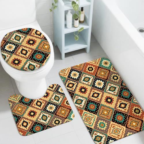 peacoblue Marokkanische Muster Badvorleger Set 3 Teilig Badezimmerteppich rutschfeste Waschbar Badteppich Badematte mit WC-Deckelbezug für Toilett WC Badezimmer