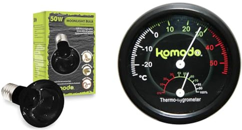 Komodo Reptile Care Bundle – Tropical Terrain Compact Brick Substrate 64g + Combined Thermometer & Hygrometer, Analog Black (0.04kg), Natural Bedding & Accurate Habitat Monitoring