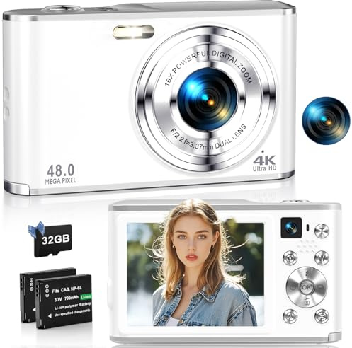 4K Digital Camera for Photography, 48MP Dual Cameras for Photography, 16X Digital Zoom Point and Shoot Cameras with 32GB Card & 2 Batteries Camera for Boys Girls Kids - White