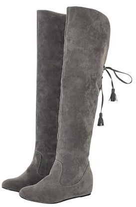cfpqv Stivali sopra il ginocchio, da donna, piatti, invernali, al ginocchio, con lacci, piatti, antiscivolo, larghi, da cowboy, da donna, caldi e leggeri, in pelle scamosciata, grigio., 37 EU
