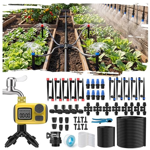 165FT Drip Irrigation System with Timer, Automatic DIY Garden Watering Kit with 1/2 & 1/4 Tubing, Solid Brass Connectors & Adjustable Sprayers for Plants, Garden, Lawn, Greenhouse, Raised Beds