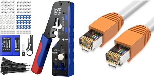 XUNTOP Pinza Crimpatrice RJ45 CAT7 Professionale+Connettori RJ45 Cat7 Schermati Pass Through a 10Gbps