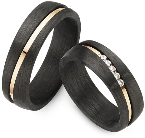 123traumringe Eheringe Set in Carbon & Titan I Partnerringe mit 5 Zirkonia & Etui I Gravierbare Verlobungsringe mit Ringgröße 50-72 I Trauringe in 6 mm Breite & 1,9 mm Stärke I S 81