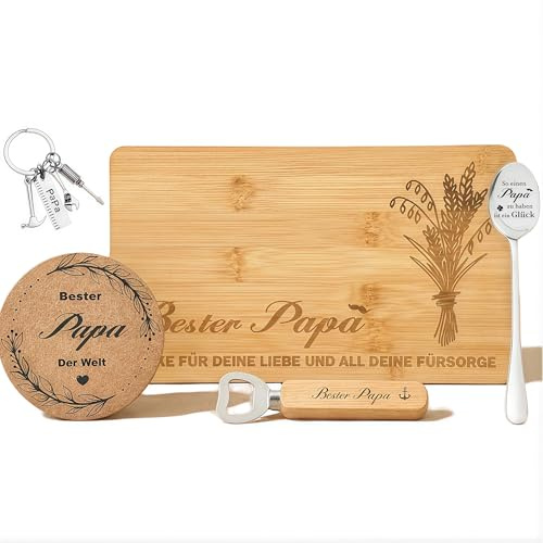 Chsukozic Geschenke für Papa, Bester Papa Geschenke Frühstücksbrettchen Vatertagsgeschenk für Papa mit Schlüsselanhänger, Bieröffner, Löffel & Coaster Set, 26x15x1,2cm