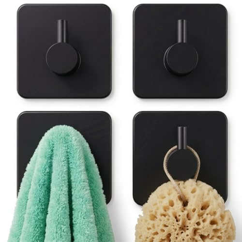edihome, Appendi Accappatoio Bagno Adesivo in Acciaio Inox, Ganci Appendiabiti Resistenti Senza Forare, Design Quadrato Moderno per Doccia Cucina, Nero Bianco Grigio, Set da 4 o 6 (4 unità, Nero)