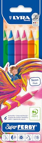 LYRA 4084900451328 Super Ferby Neon Kartonetui mit 6 Farbstiften, Sortiert | Holzbuntstifte, dreikant, lackiert, Mine 6,3mm, sortierte Farben, neon
