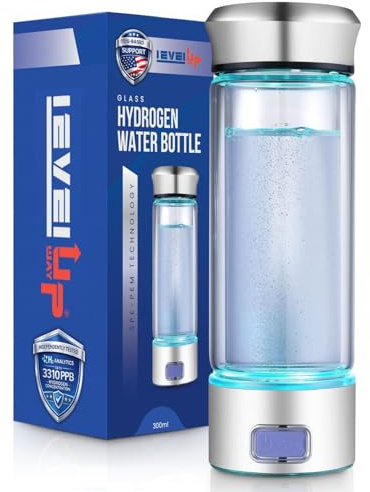 LevelUpWay - Botella de agua con generador de hidrógeno de vidrio, tecnología SPE PEM, ionizador de agua