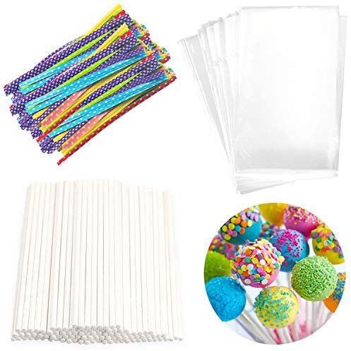 Lollipop Cake Pop - Juego de bolsas para dulces (100 unidades, 100 palitos de papel, 100 unidades, coloridos lazos metálicos para hacer piruletas, pasteles, dulces, bombones y galletas.