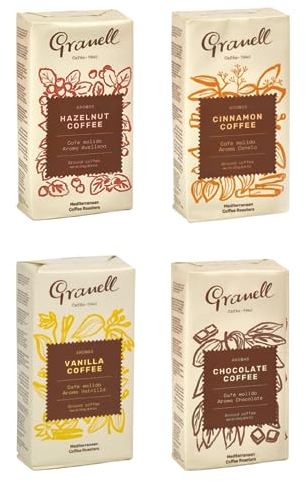 Granell Cafes-1940 Granell - Tasting Pack Aroma | 100% Arabica Kaffee Gemahlen - Gemahlener Kaffe mit Vanille, Zimt, Schokolade oder Haselnuss - 4x250 g