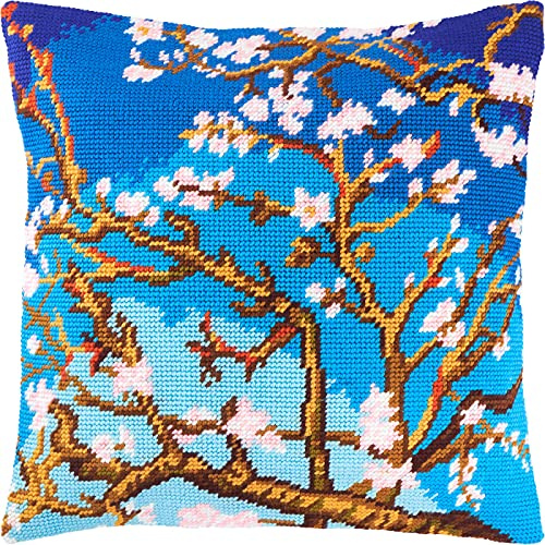 Brvsk Mandelblüte. Needlepoint Set mit bedruckter Gobelin (40 × 40 cm) Kissenset mit Stickerei zur kreativen Inneneinrichtung Handarbeitsset für erwachsene Anfänger