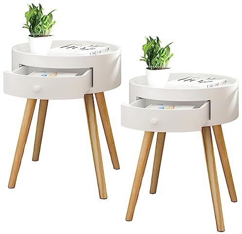 WOLTU Nachttisch 2er Set Beistelltisch Nachtkommode Nachtschrank Sofatisch, mit Schublade, mit Beinen, Holz, MDF, Weiß, TS111ws-2
