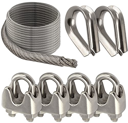 OPIOL QUALITY® 10m Drahtseil Transparent ummantelt 4mm, 4x Drahtseilklemme ähnl. DIN 741 4mm, 2x Kausche 4mm ähnl. DIN 6899 Sonnensegel Set Edelstahl A4 Hanging Kit Klemme Stahlseil