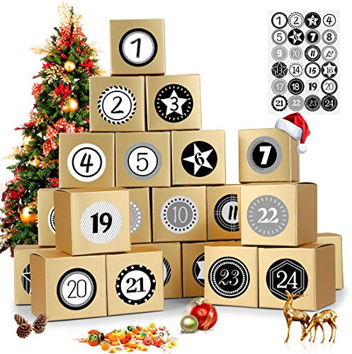 Adventskalender zum Befüllen, 24 Adventskalender Boxen, Weihnachtskalender Selber Basteln Schachteln, Adventskalender Geschenkboxen mit Zahlenaufklebern, DIY adventskalender Karton Gold