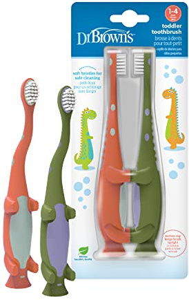 Dr. Brown's Baby and Toddler Toothbrush, Green and Orange Dinosaur 2-Pack, 1-4 Years