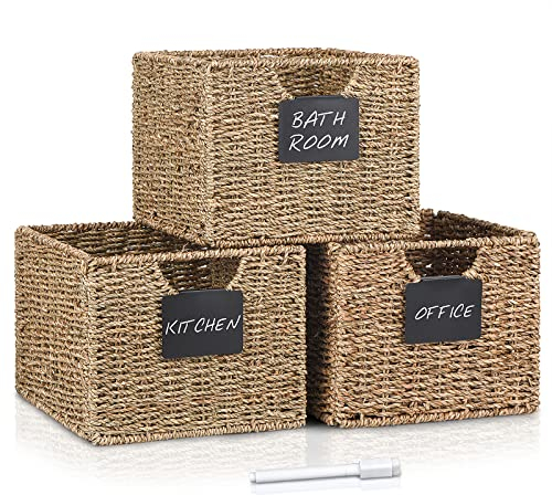 3er-Set Seegras Rechteckig Korb Aufbewahrungskorb, 26.5 x 24 x 19cm / Faltkorb Flechtkorb, Regalbox Storage Box, Natürliche Korb Geflochten, Weidenkörbe Veranstalter für Badezimmer, Wohnzimmer
